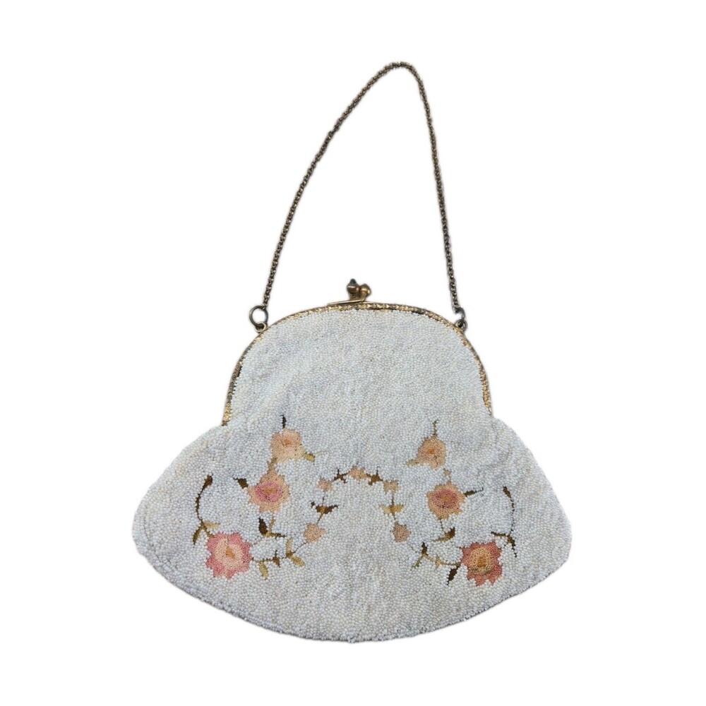 Stunning 1950s French Import White Beaded Evening Clutch Purse Floral Embroidery
